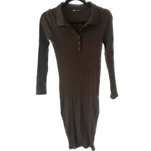 Zara Women's Bodycon Fitted Ribbed Knit Polo Chocolate Brown Dress Size S